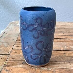 Studio Art Pottery Long Vase Planter Dark Blue Floral Pattern Artist Signed